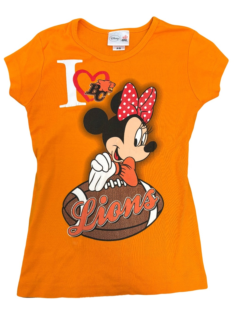 Early 2000’s Disney Orange Minnie Mouse 'BC Lions' Short Sleeve Baby Tee